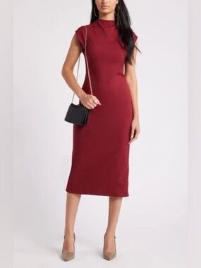 NWOT- Open Edit Smooth Edit Funnel Neck Midi Dress, Red Grape, size Small